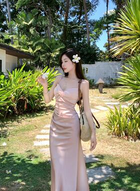 法式缎面吊带连衣裙子女夏季高级感收腰显瘦露背气质生日礼服长裙
