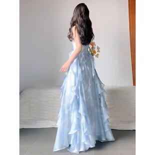 海边度假连衣裙吊带裙沙滩长裙女绝美海岛法式三亚裙子蓝色拍照