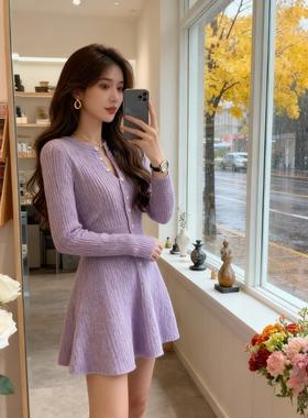 温柔风紫色V领针织连衣裙女2025秋冬新款设计感收腰A字短裙小个子