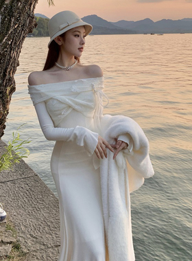 钻石晚宴~法式一字肩长袖针织连衣裙女秋冬白色显瘦气质鱼尾长裙