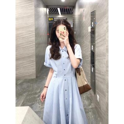 学院风条纹衬衫连衣裙女2025夏季