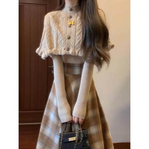 秋冬新款小香风毛呢斗篷套装裙