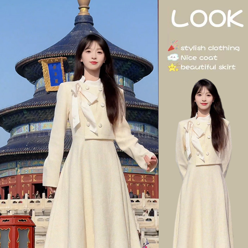 法式千金小香风蝴蝶结长袖连衣裙