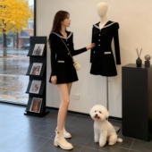 法式 黑色海军领针织连衣裙女2025秋冬新款 收腰显瘦百褶裙气质减龄