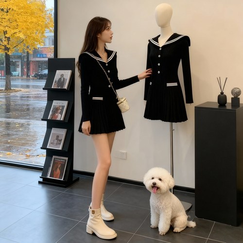 法式黑色海军领针织连衣裙