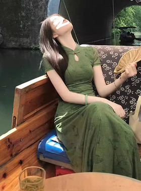 新中式绿色旗袍连衣裙女夏高端复古改良旗袍裙国风气质温婉长裙子