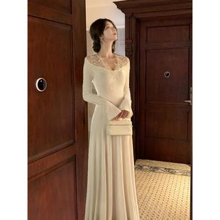 收腰显瘦a摆长裙 温柔氛围感蕾丝v领针织连衣裙秋季 从一 不知雪