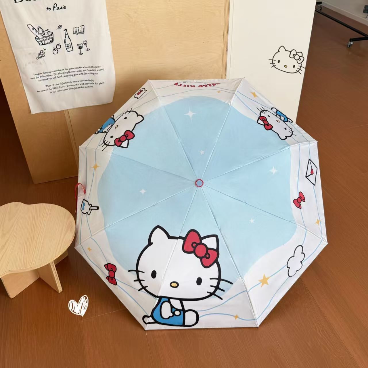 新款抗风耐用卡通蓝色卡通猫遮阳伞雨伞太阳伞学生自动黑胶防晒