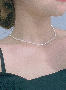 法式复古小米粒珠天然珍珠项链时尚简约个性高级感锁骨链S925银扣