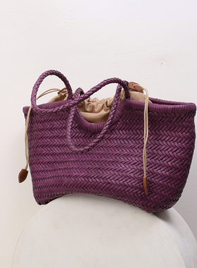 dragon夏季真皮手工编织包包头层牛皮菜篮子单肩手提托特包大容量