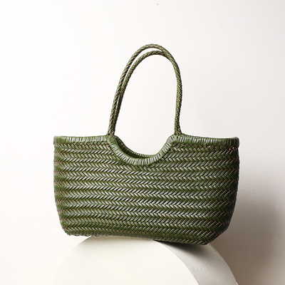 dragon手工牛皮编织包包真皮女包单肩托特包大包手提菜篮子包法式