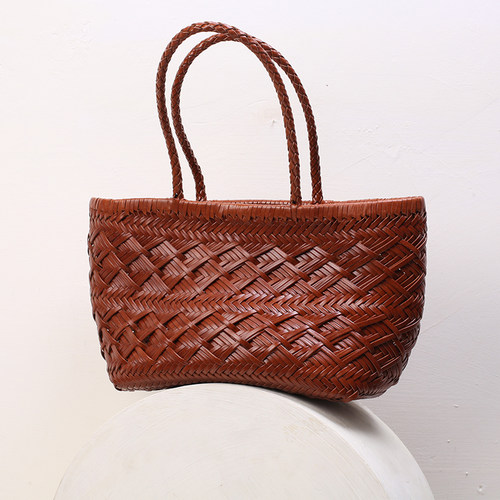 Dragon法式复古手工牛皮编织包包女真皮手提包菜篮子包单肩大容量