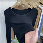 T恤胖妹妹修身 螺纹圆领长袖 女装 弹力百搭打底衫 春季 上衣 欧货大码