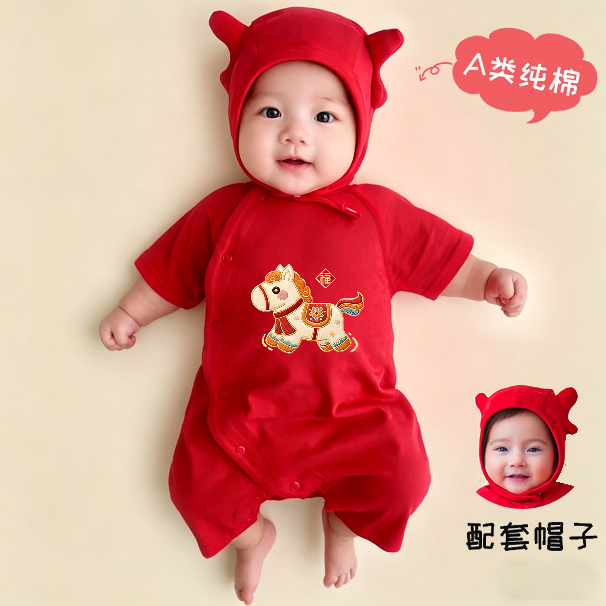 新生婴儿连体衣服夏季薄款短袖满月男女宝宝夏天拍照红色百天喜庆