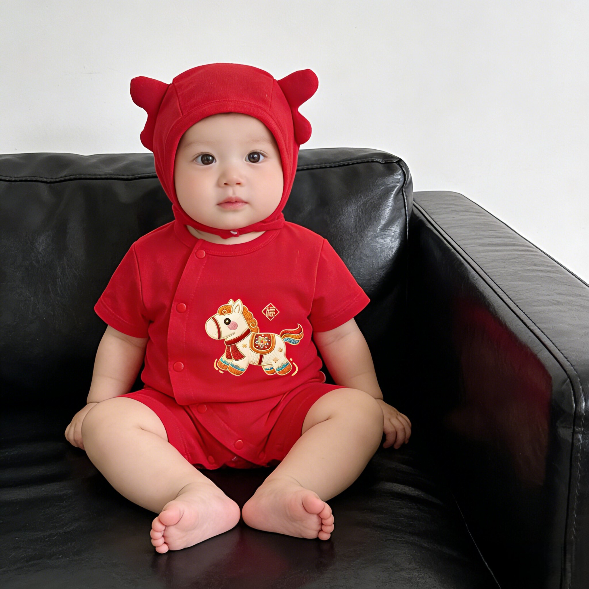 新生婴儿连体衣服夏季薄款短袖满月男女宝宝夏天拍照红色百日喜庆