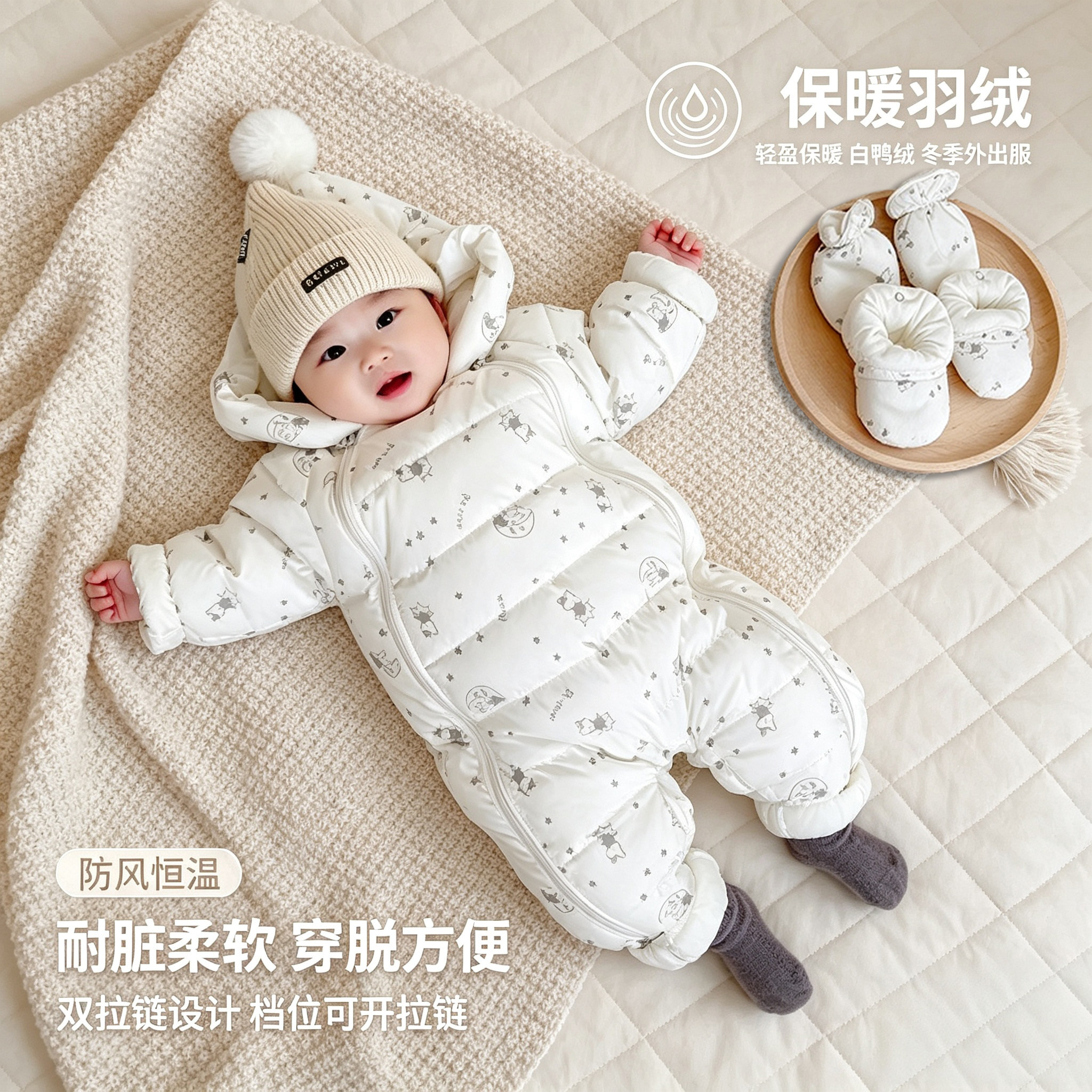 反季婴儿冬季加厚保暖连体羽绒服06个月男女宝宝冬装卡通外出爬服