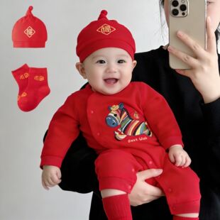 满月新生婴幼儿衣服春秋装红色喜庆百天男女宝宝早春装拍照连体衣