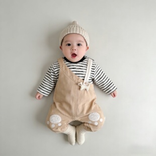 婴幼儿背带裤春季套装男宝宝小月龄春装外出服早春连体衣超萌可爱