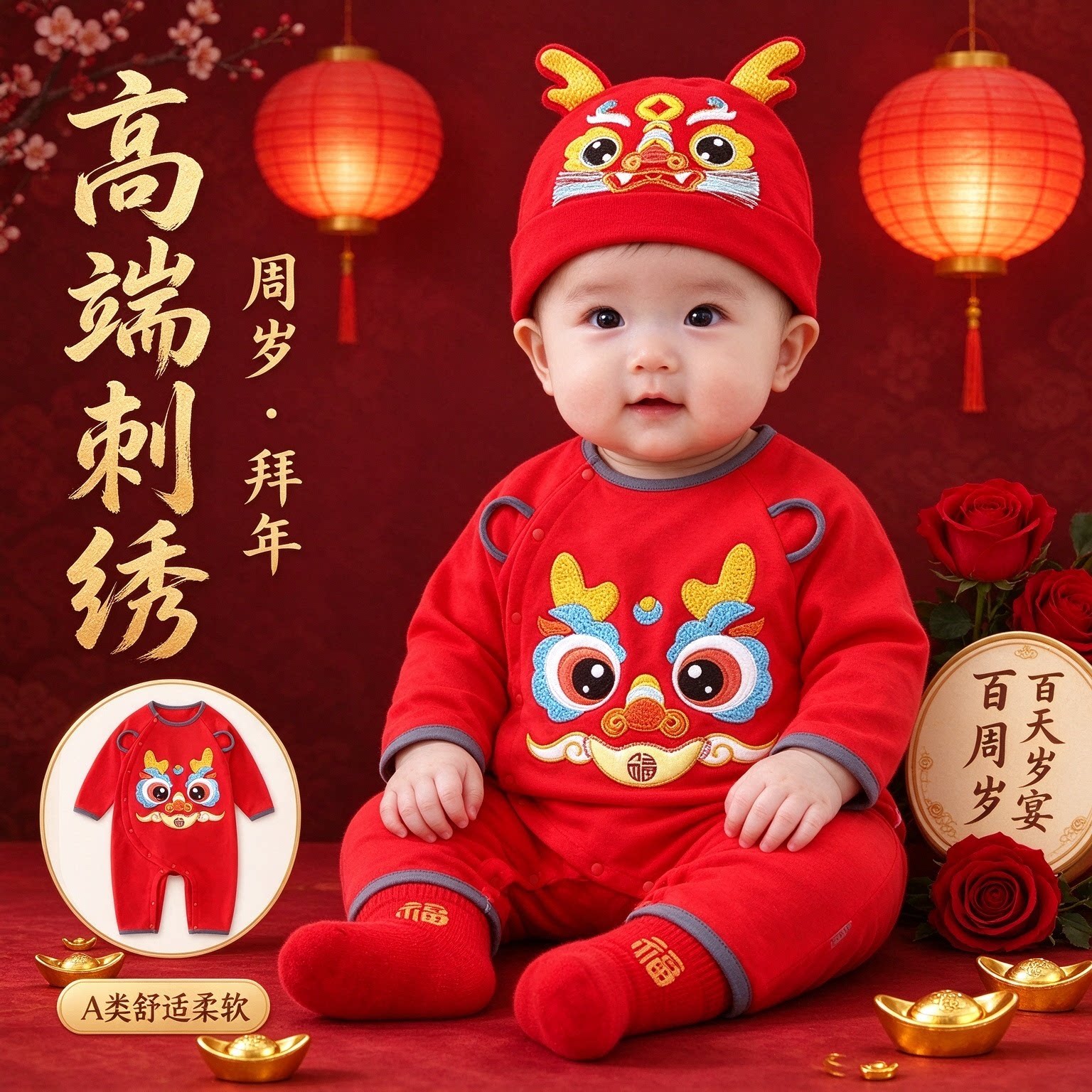 满月婴儿衣服秋季刺绣百天男女宝宝冬装红色夹棉连体衣小月龄喜庆