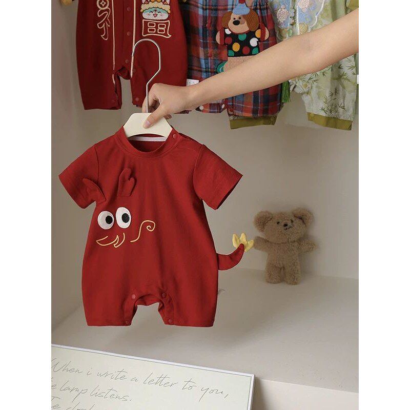 新生婴儿国风夏天衣服男女宝宝夏季薄款短袖连体衣满月百天周岁宴