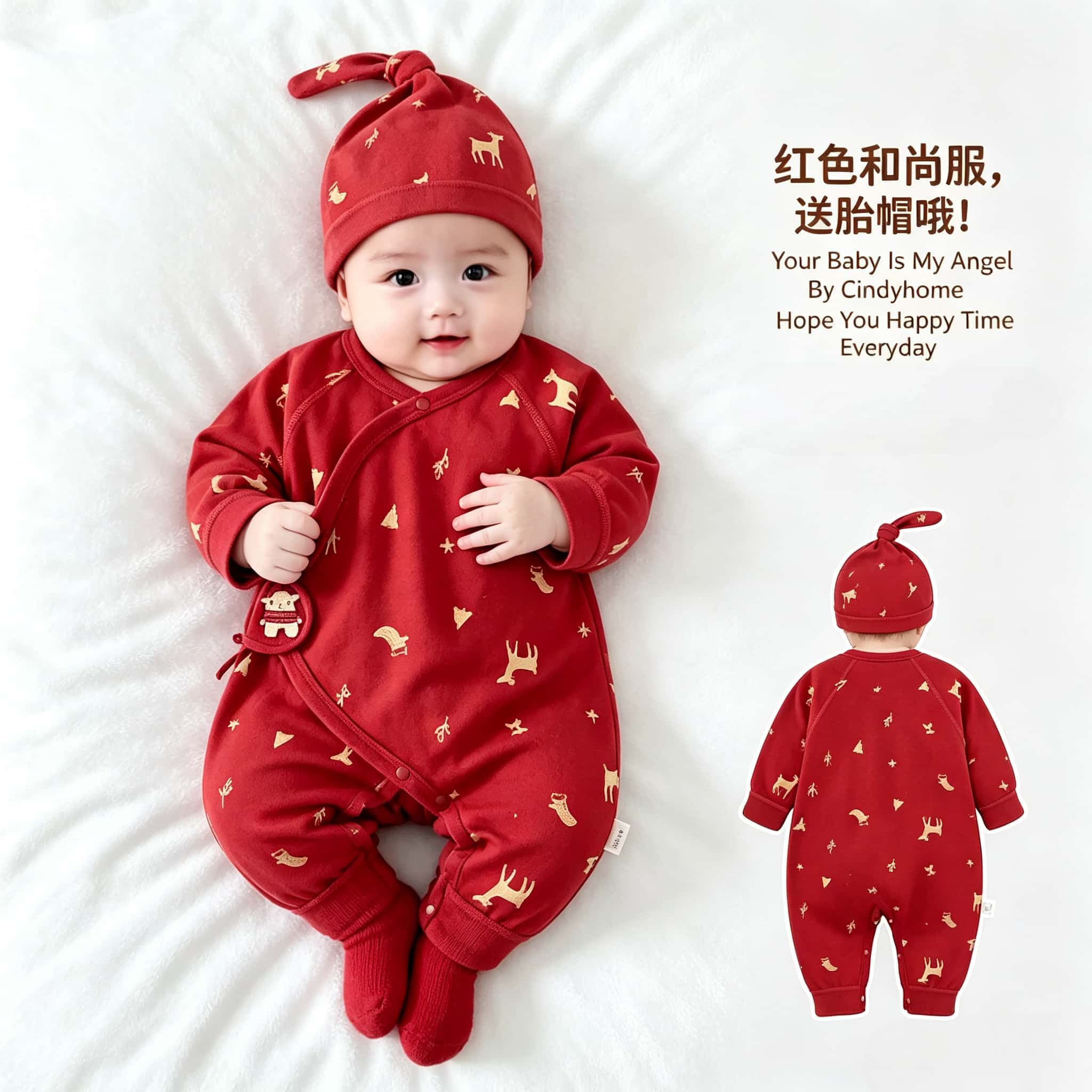 新生婴儿连体衣秋季纯棉初生和尚服满月百天男女宝宝衣服秋装红色