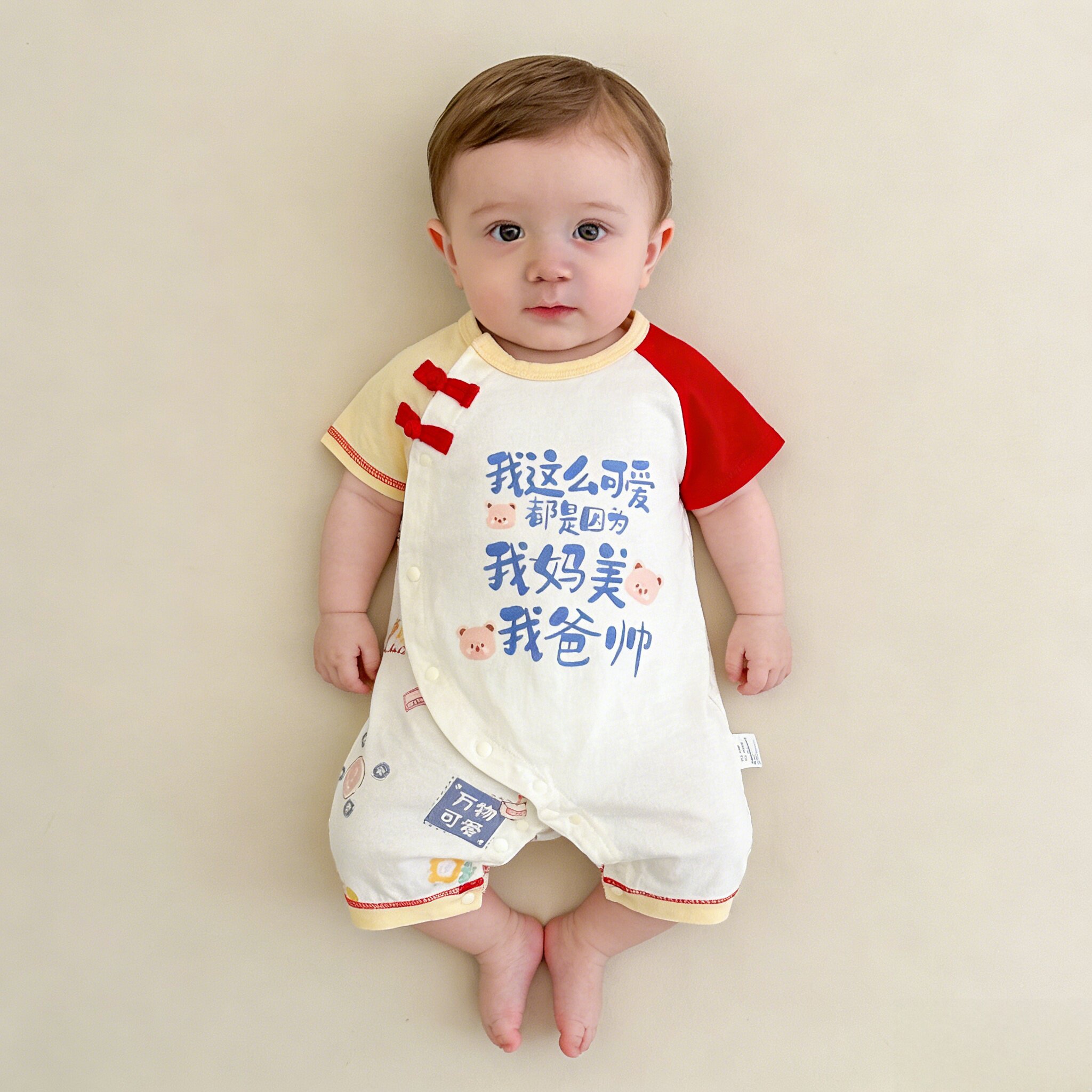 新生百日宴婴儿衣服a类0-3月男女宝宝夏季薄款短袖连体衣满月红色