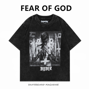 FOG贾斯汀比伯人像欧美复古做旧VTG高街宽松短袖 GOD T恤 FEAR