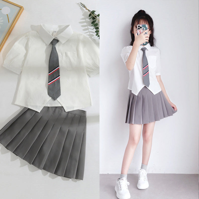 JK制服衬衫上衣女童短袖原创夏季学院风泡泡袖白色衬衣百褶裙套装