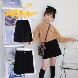 高腰牛仔短裙女童2022春夏新款a字裙百搭儿童黑色包臀半身裙子