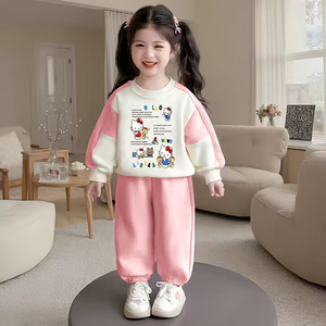 秋季2025新款女卡通凯蒂猫印花休闲宽松圆领长袖儿童卫衣运动套装