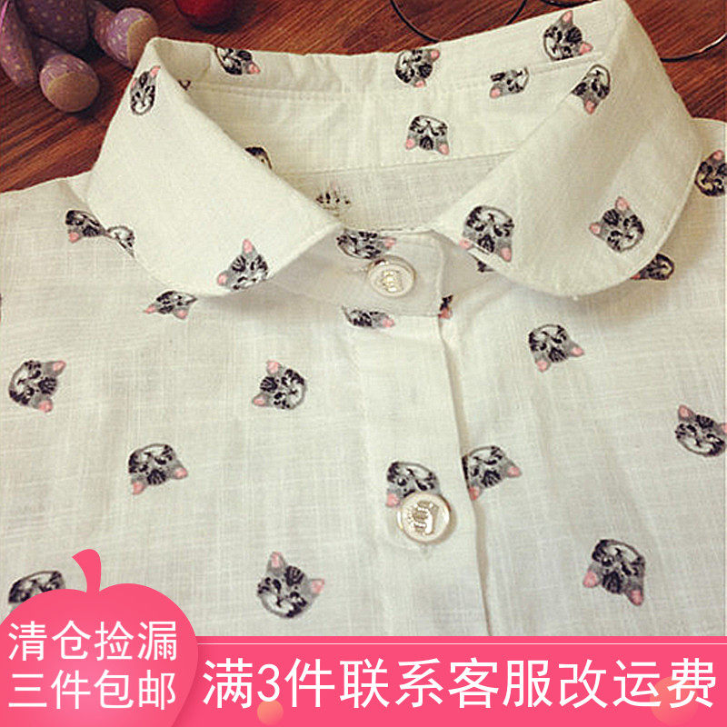 逗酱系小软妹童趣猫咪印花衬衫图片