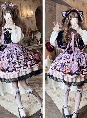 逗酱原创Lolita万圣节小猫咪毛绒斗篷jsk背带连衣裙黑甜秋冬套装