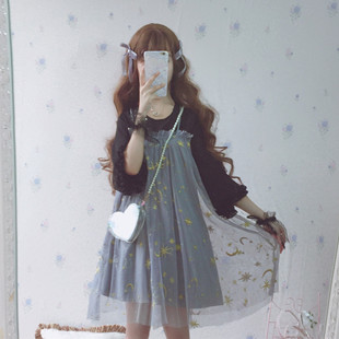 送边夹逗酱原创暗夜星辰软妹水袖 荷叶边网纱梦幻刺绣月亮连衣裙