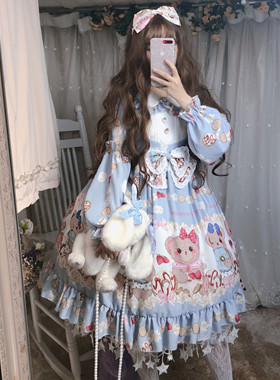 逗酱原创Lolita甜饼干小熊草莓萌可爱秋冬洛丽塔长袖娃娃领连衣裙