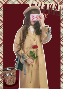 双排扣中长款 百搭气质开衫 风衣外套女 春季 逗酱原创日系蝴蝶结泡袖