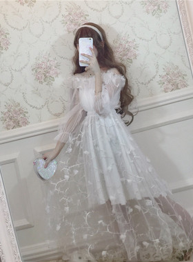 逗酱原创仙气花嫁日常Lolita花朵婚纱礼服网纱一字领连衣裙