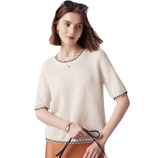 帕罗7针100%山羊绒秋季新款短袖薄款圆领纯色百搭内搭羊绒衫女