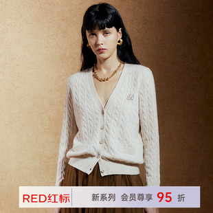 V领绞花纯羊绒开衫 PALUOPO 冬季 RED商场同款 针织毛衣 帕罗