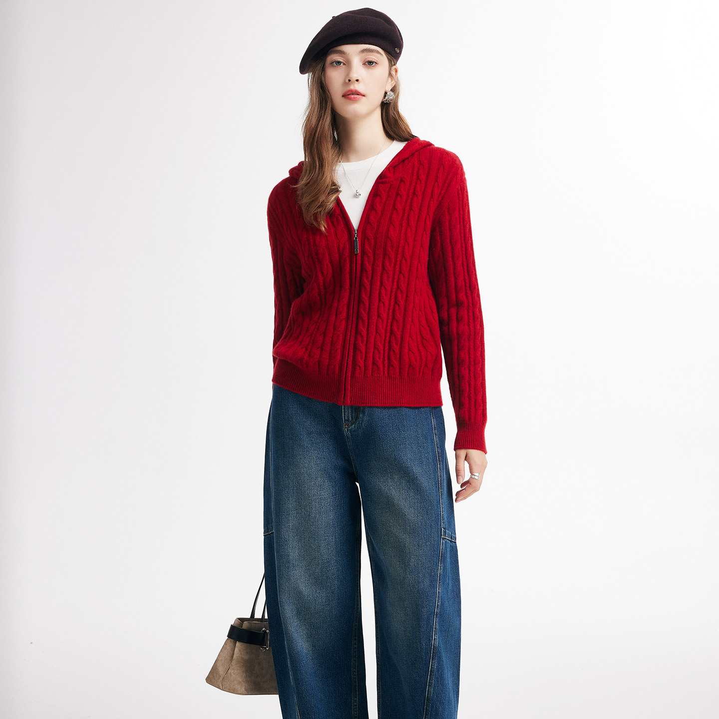 帕罗【商场同款RED系列】秋冬连帽加厚纯羊绒衫开衫女加厚毛衣