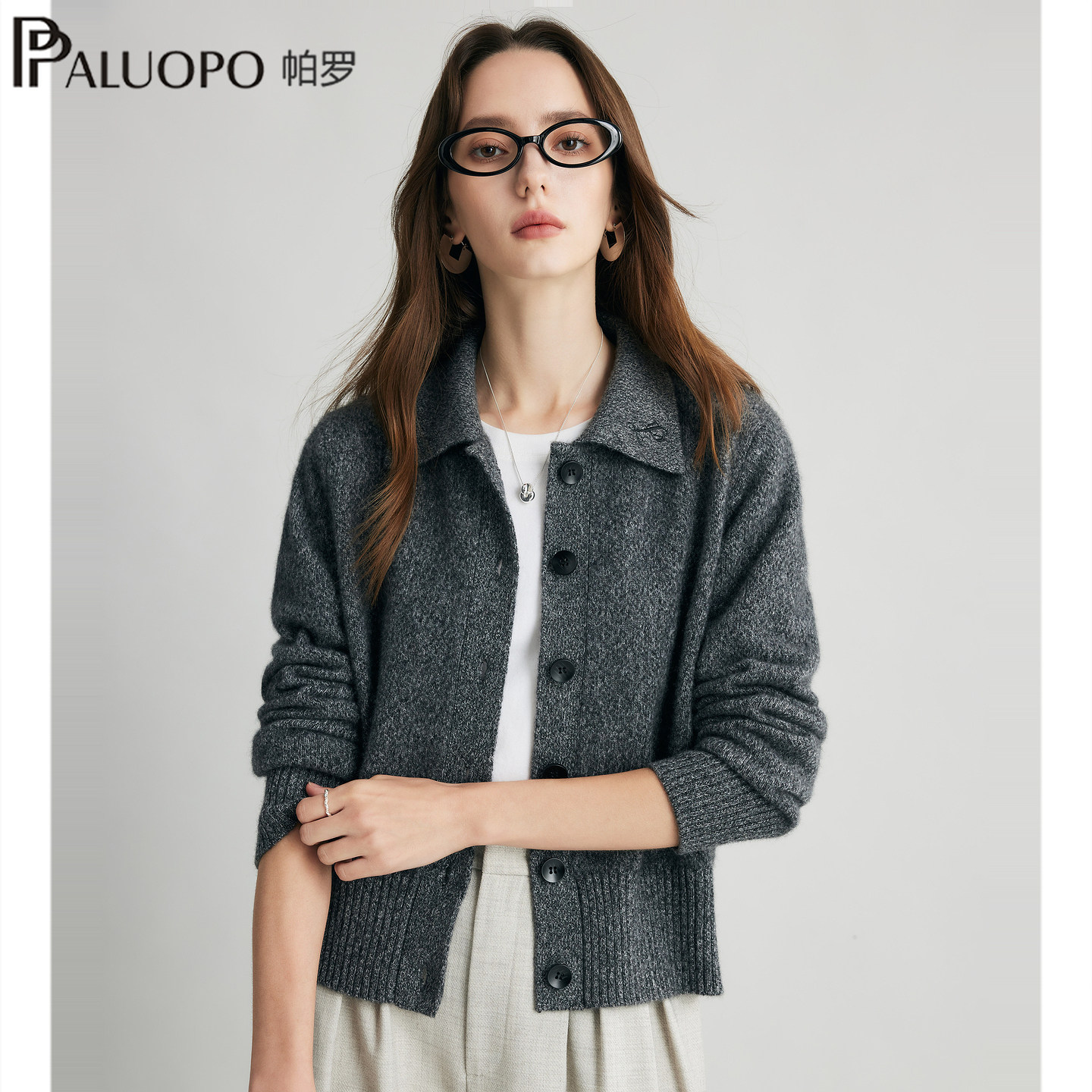 PALUOPO/帕罗醇厚花纱100%纯山羊绒翻领开衫女装毛衣026秋冬新款