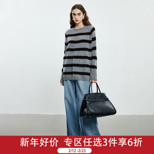 PALUOPO/帕罗慵懒风复古条纹灰色100山羊绒针织羊绒衫软糯毛衣