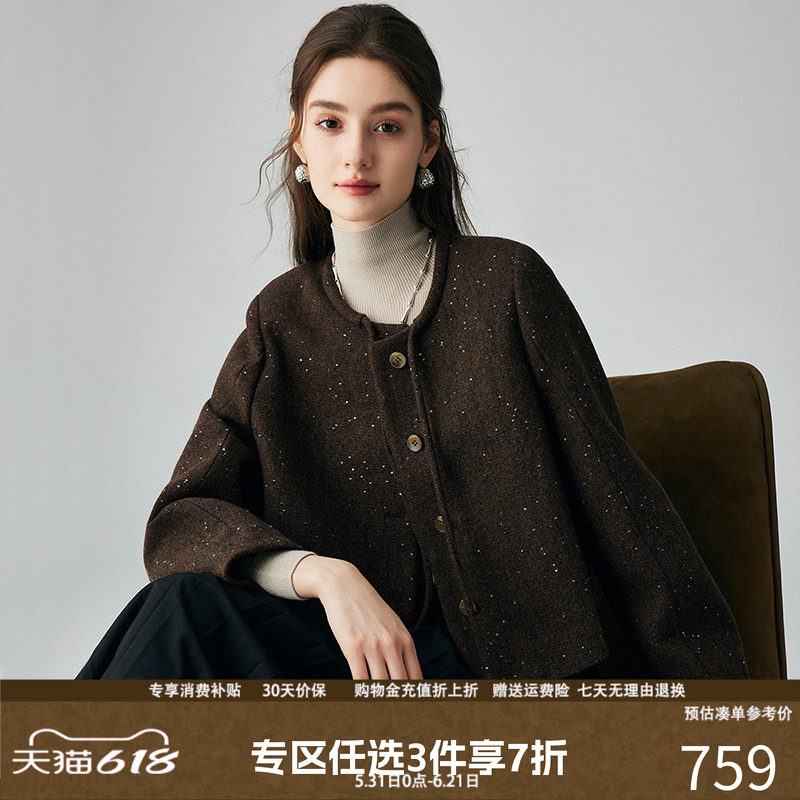 PALUOPO/帕罗复古圆领大衣短款毛呢外套女秋冬新款单排扣外搭上衣