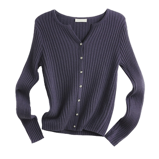 帕罗官方100山羊绒V领针织开衫女秋冬羊绒衫显瘦紫色毛衣外搭上衣