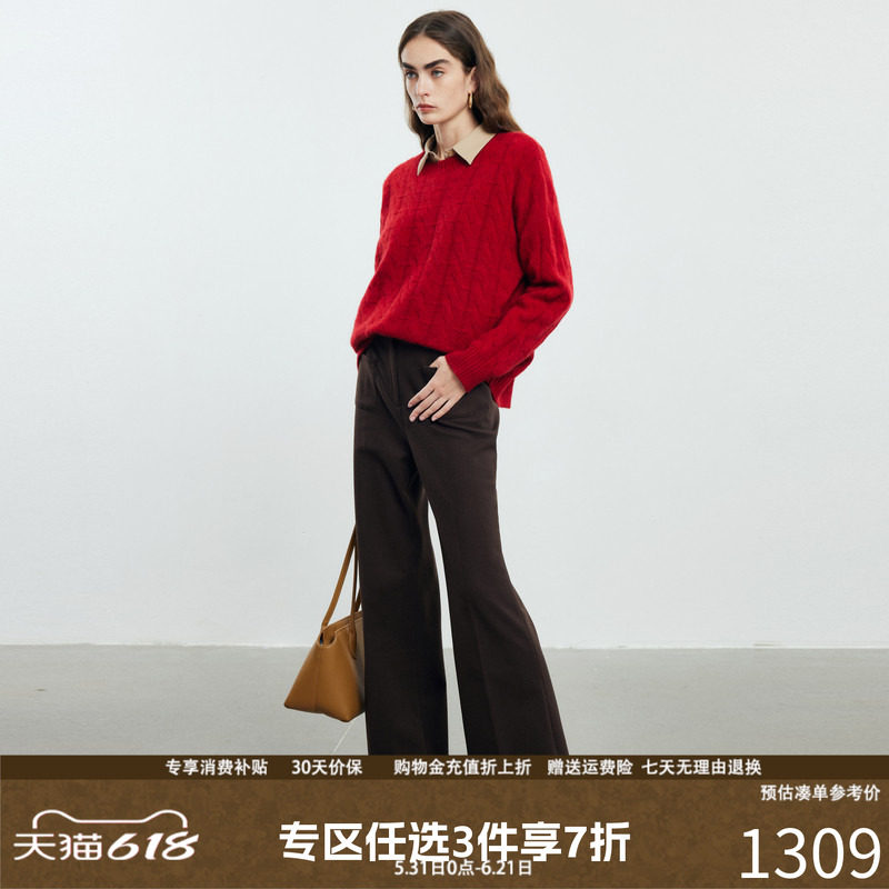 【立体绞花女士纯羊绒衫】帕罗圆领套头针织秋冬新款打底加厚毛衣