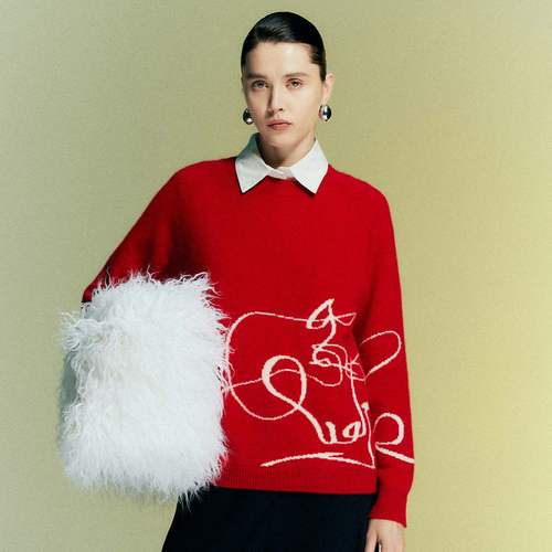 帕罗长袖线条提花圆领红色羊绒衫