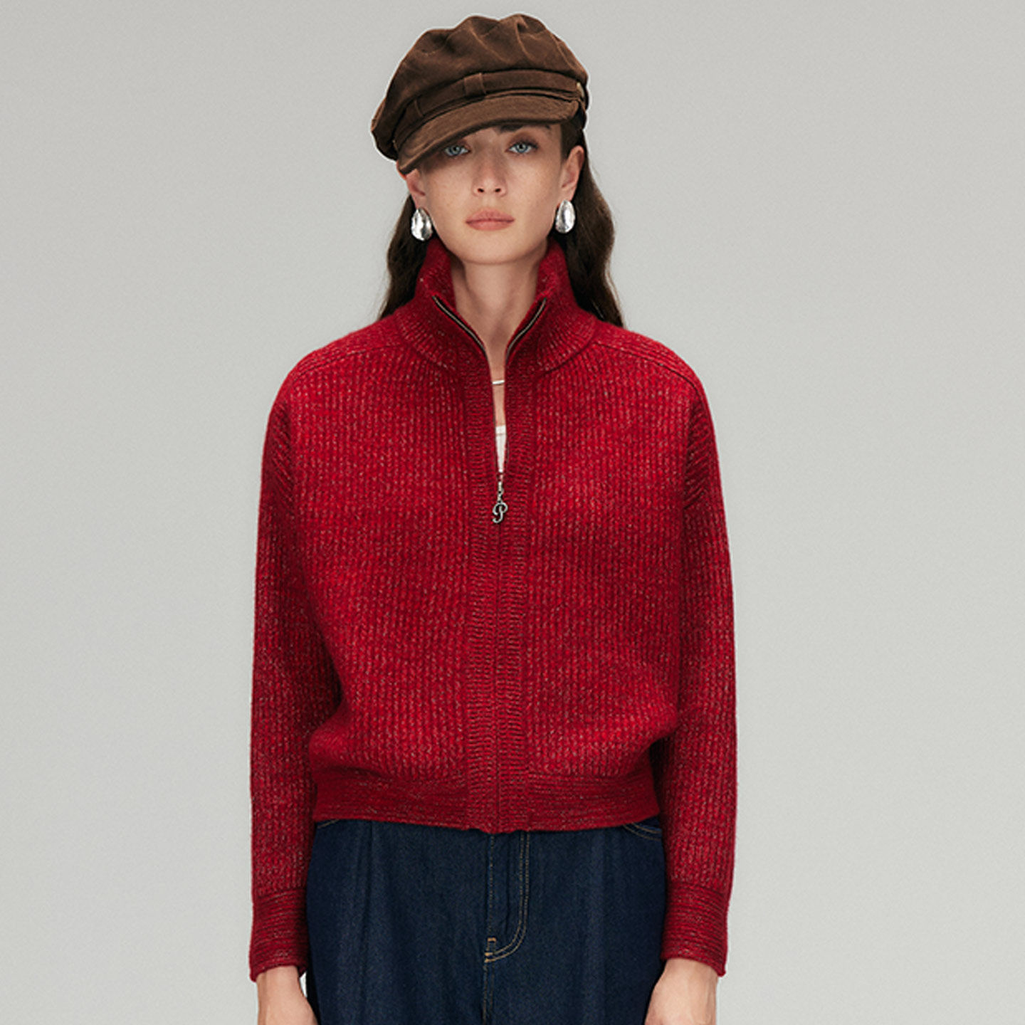 帕罗极简风立领拉链针织开衫女