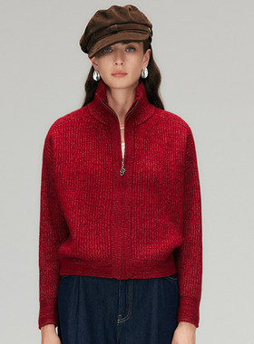 PALUOPO/帕罗极简风红色立领拉链针织开衫女长袖羊绒衫显瘦上衣