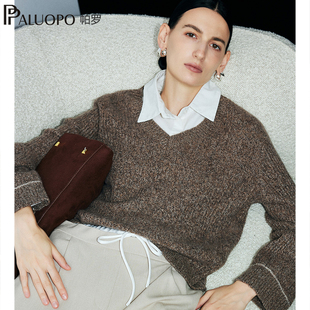 宽松毛衣厚 休闲韩版 帕罗V领纯羊绒衫 女士针织坑条提花25秋冬新款