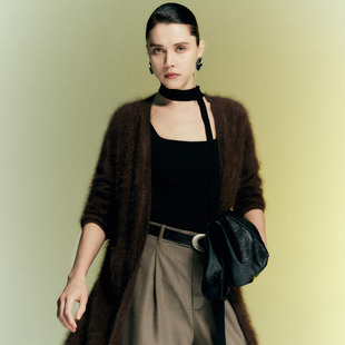 PALUOPO/帕罗商场同款RED红标】秋冬长款纯羊绒拉绒针织开衫毛衣