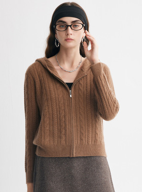 PALUOPO/帕罗老钱风绞花连帽纯山羊绒开衫女针织衫气质毛衣外套